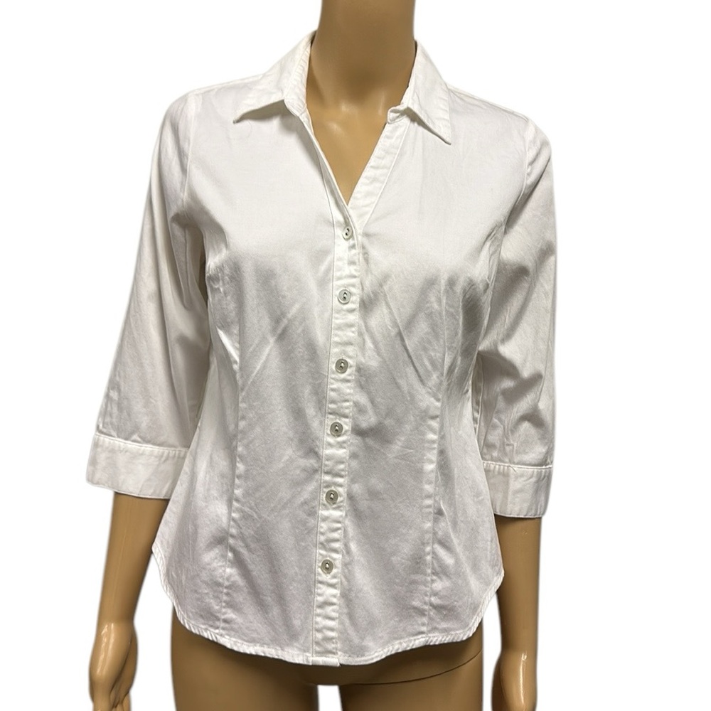 212 Collection White Button Up Stretch 3 Quarter Sleeve Tapered Blouse Petite S